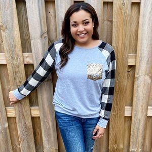 Plaid Long Sleeve with Sequin Pocket